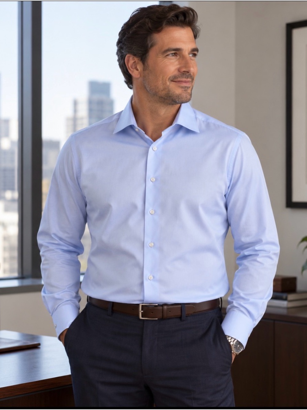 Calvin Klein Shirt Mens 17 34/35 Blue Herringbone Performance Non Iron Dress